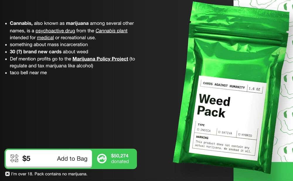 Cards Against Humanity CAH WEED Marijuana Expansion Packs Part of Profit Donated